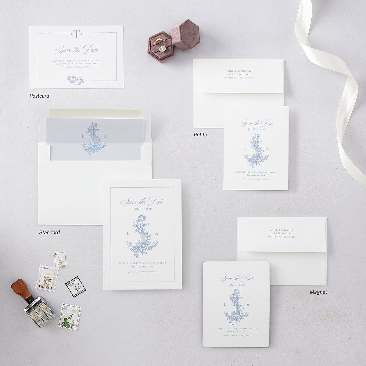 Coastal Oysters and Anchors Save the Date Cards Sea Blue Signature smooth Blank No Standard