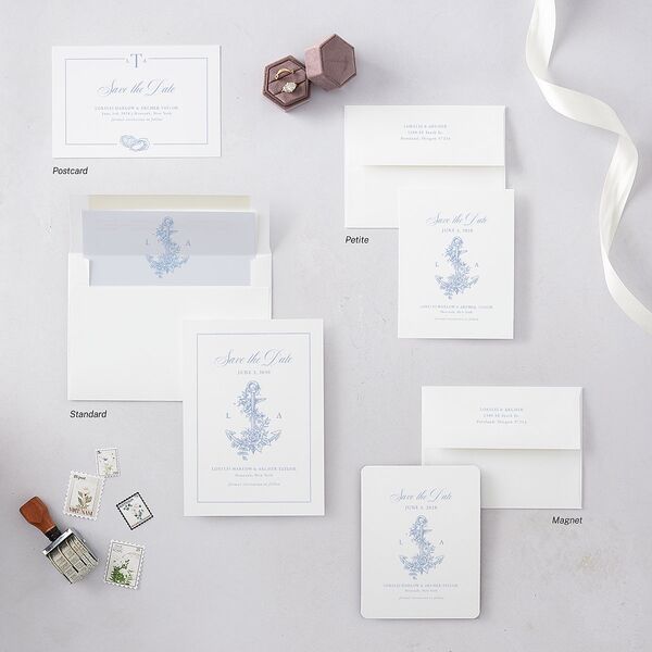 Coastal Oysters and Anchors Save the Date Cards Sea Blue Signature smooth Blank No Standard