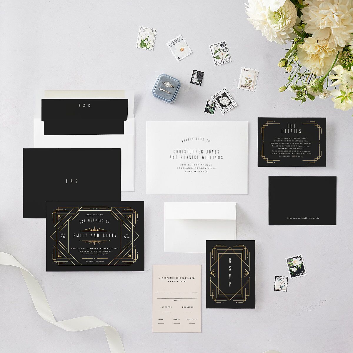 Vintage Deco Wedding Invitations Gold Charcoal Signature Blank No Standard