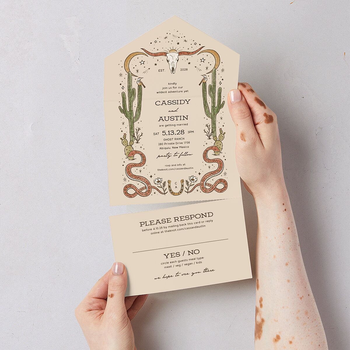Southwestern Nouveau All-in-One Wedding Invitations Red Clay Signature Light Both Recipient and Return Addresses No