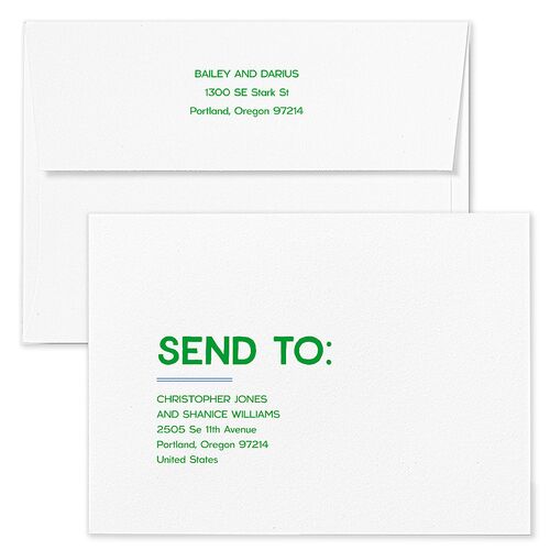 Hand Drawn Party Wedding Invitation Envelopes Blue Jewel Green Return Address Standard Signature