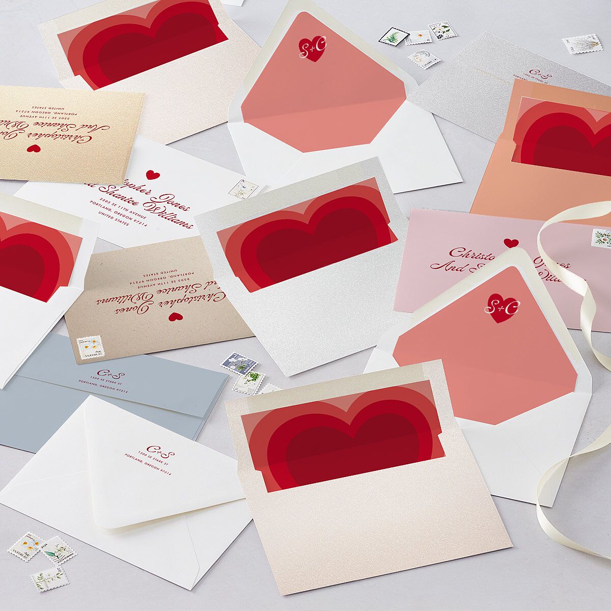 Modern Retro Hearts Euro Envelope Liners Ruby Luxe