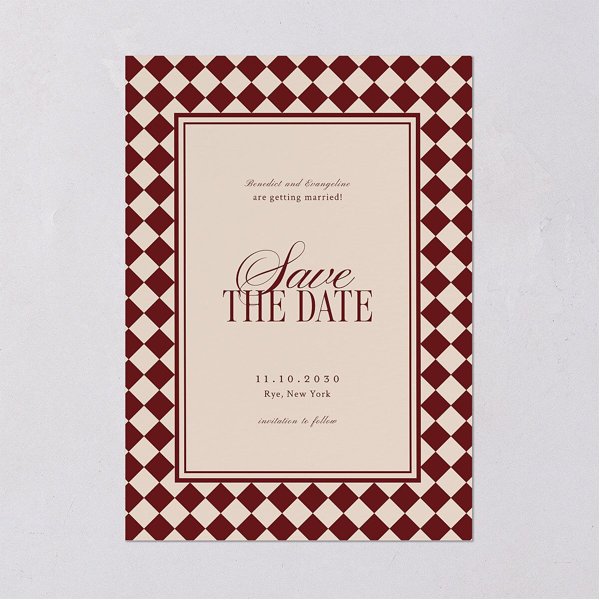 Elegant Diamond Pattern Save the Date Cards Burgundy Signature smooth Blank No Standard
