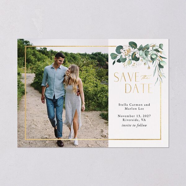 Timeless Floral Hoop Save The Date Cards Gold Pure White Signature smooth Blank No Standard