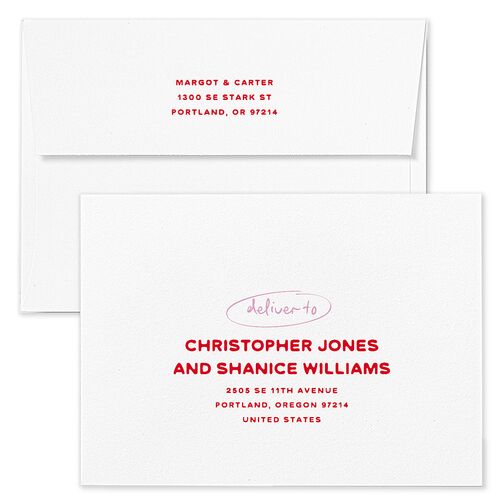 Whimsically Retro Handwritten Note Wedding Invitation Envelopes True Red White Both Recipient and Return Addresses Standard Signature