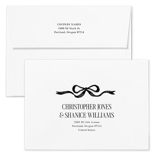 Whimsical Hand Drawn Bow Save The Date Card Envelopes White Linen Both Recipient and Return Addresses Signature Standard