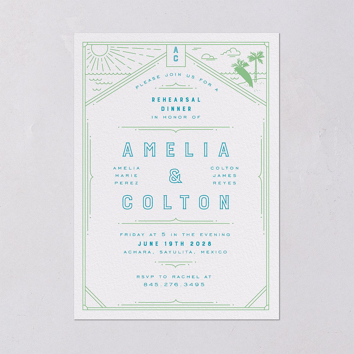 Iconic Beach Rehearsal Dinner Invitations Green Apple Signature Blank