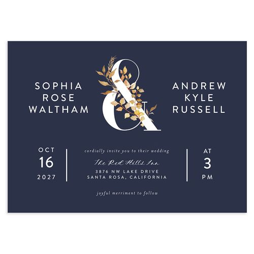 Leafy Ampersand Wedding Invitations Moody Blue Signature Blank No Standard
