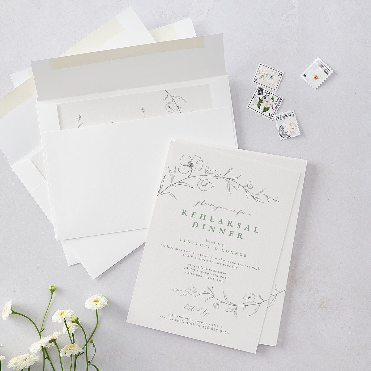 Graceful Botanical Rehearsal Dinner Invitations — view 5