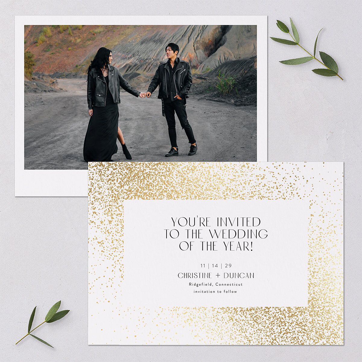 Shimmering Frame Save The Date Cards Gold Off-White Signature smooth Blank No Standard