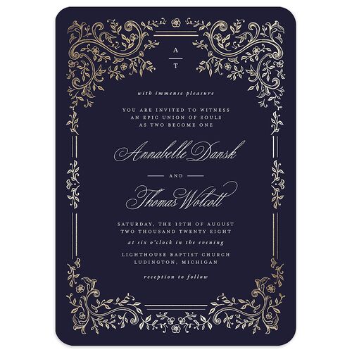 Luxury Victorian Gothic Lace Wedding Invitations Gold Navy Signature Blank No Rounded