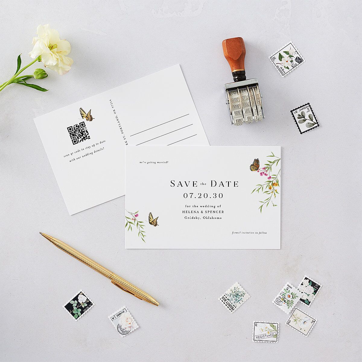 Rustic Butterfly Garden Save the Date Postcards Pure White