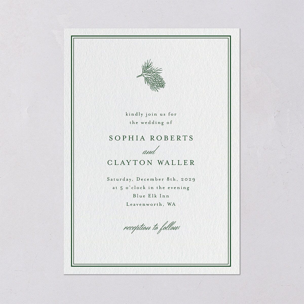 Elegant Winter Pine Cone Wedding Invitations Scottish Green Signature Blank No Standard