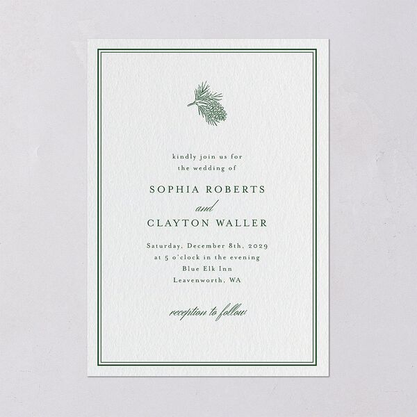 Elegant Winter Pine Cone Wedding Invitations Scottish Green Signature Blank No Standard