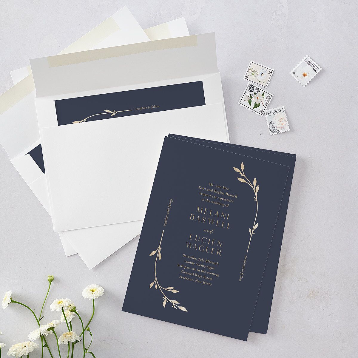 Gilded Sprigs Foil Wedding Invitations Gold Moody Blue Signature Blank No Standard