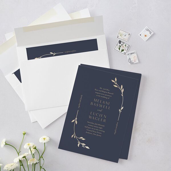 Gilded Sprigs Foil Wedding Invitations Gold Moody Blue Signature Blank No Standard