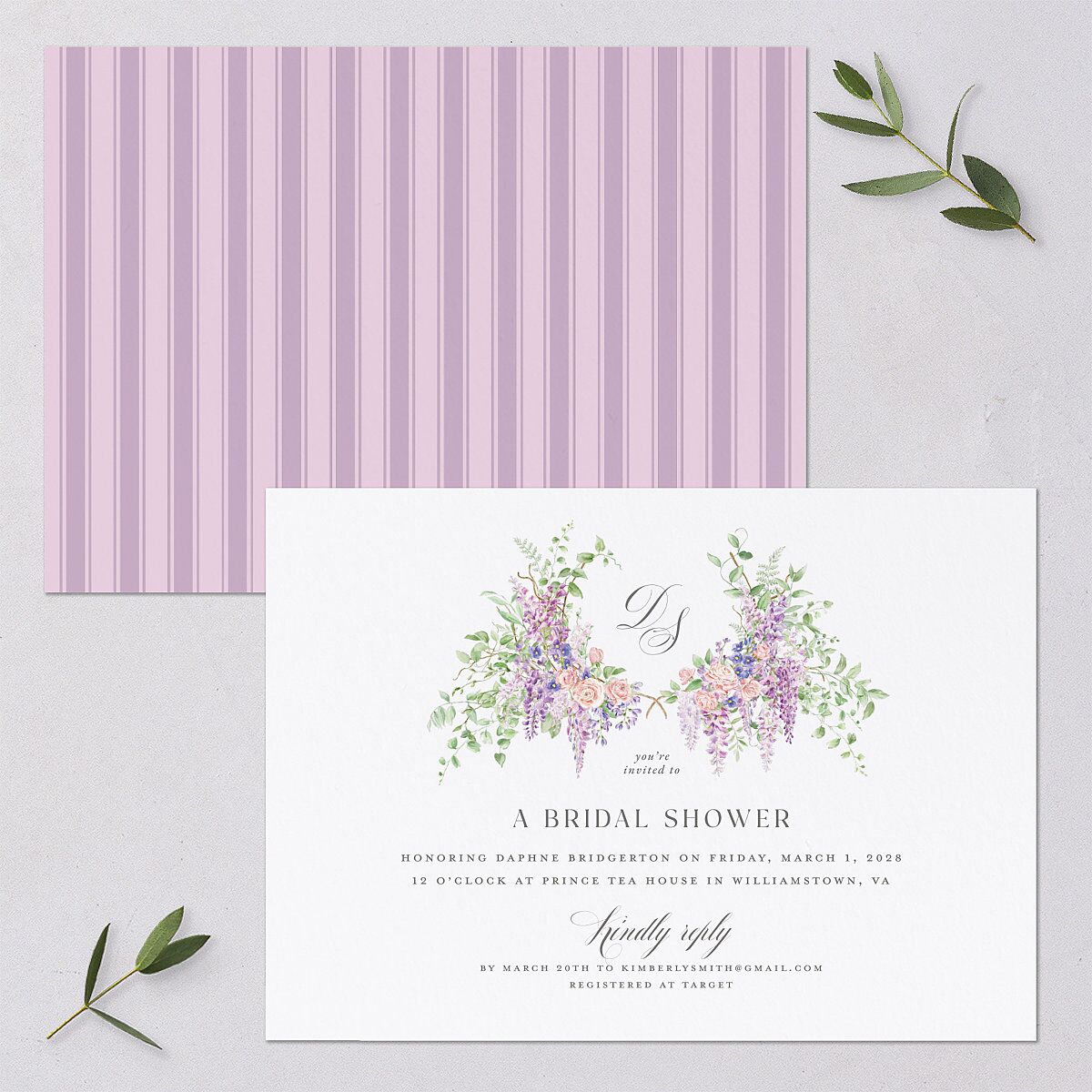 Formal Wisteria Garden Crest Bridal Shower Invitations by Bridgerton Purple Haze Signature Blank