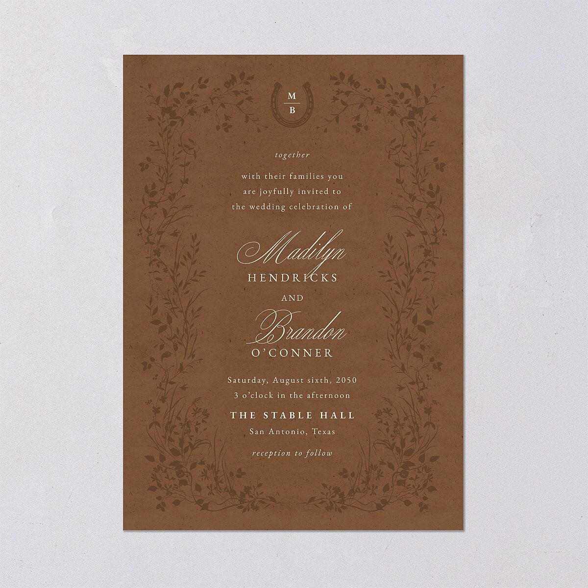 Western Horseshoe Botanical Wedding Invitations Mocha Signature Blank No Standard