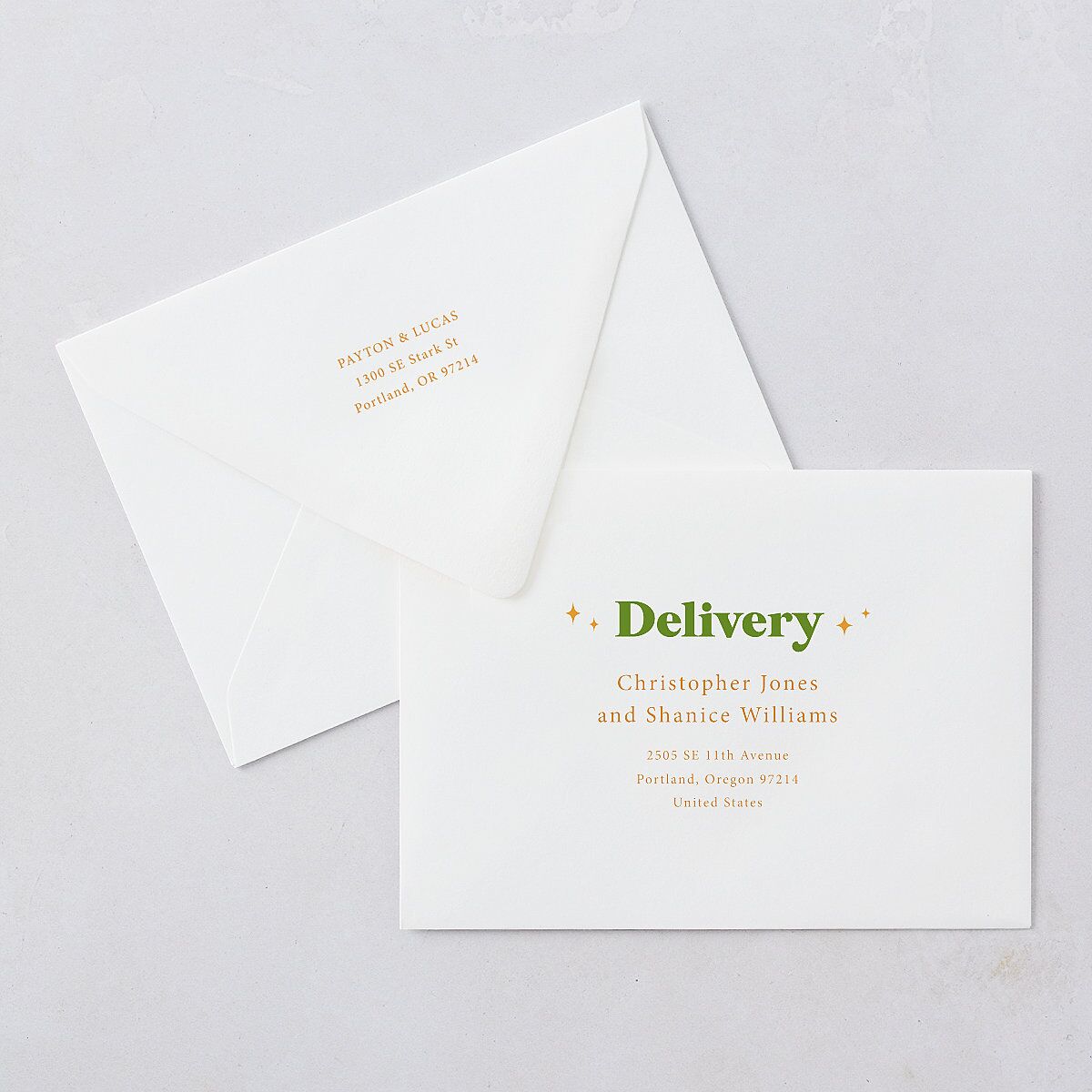 Colorful Retro Stripes Wedding Invitation Euro Envelopes White Sea Foam Both Recipient and Return Addresses Luxe Signature