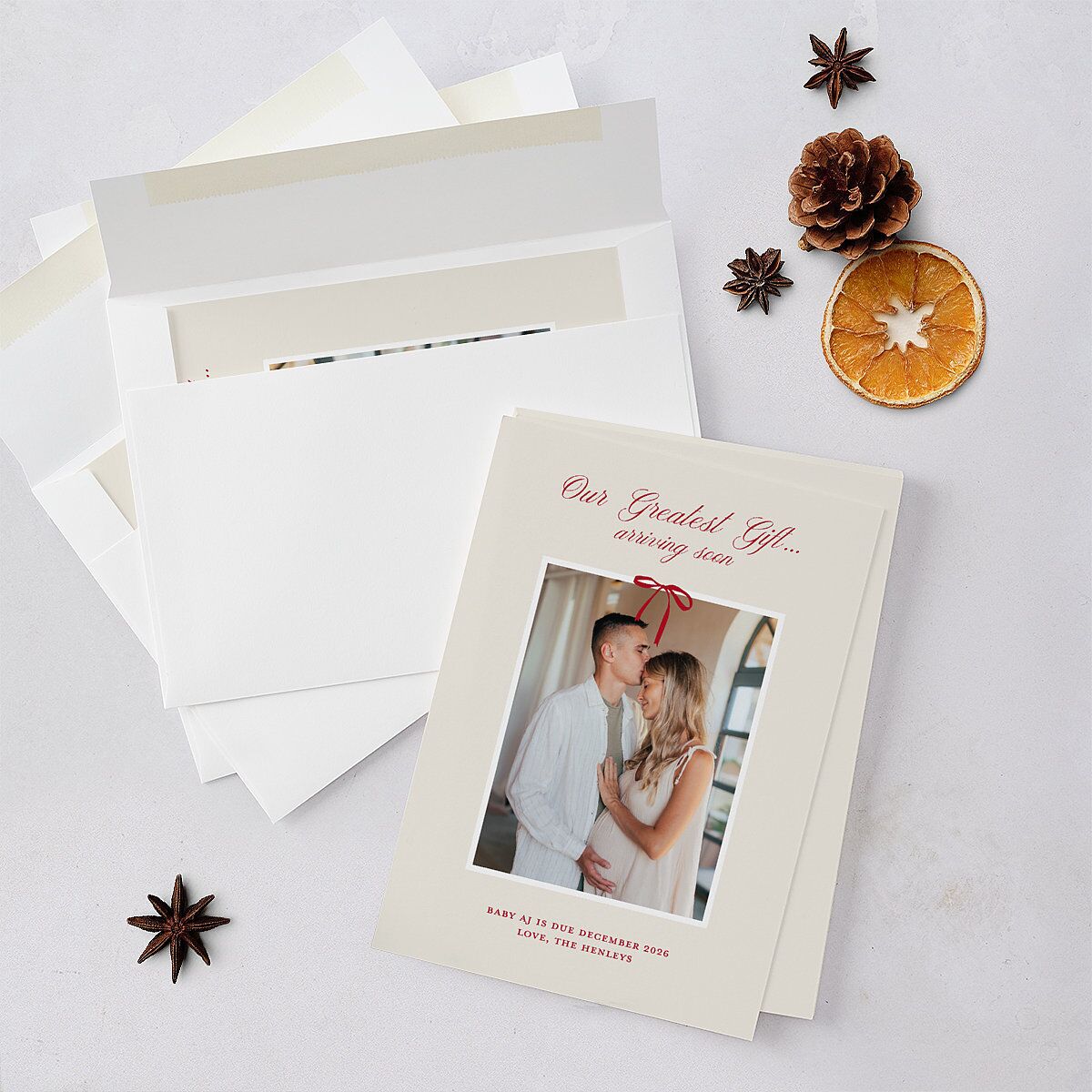 Our Greatest Gift Minimalist Bow Baby Announcement Holiday Cards Cream Signature Blank Portrait Standard