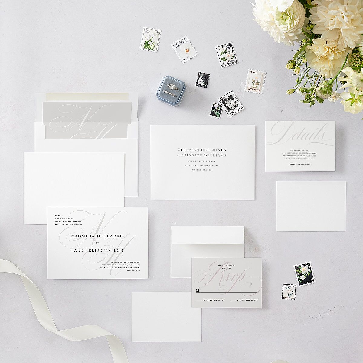 Elegant Monogram Wedding Invitations Pure White Signature Blank No Standard