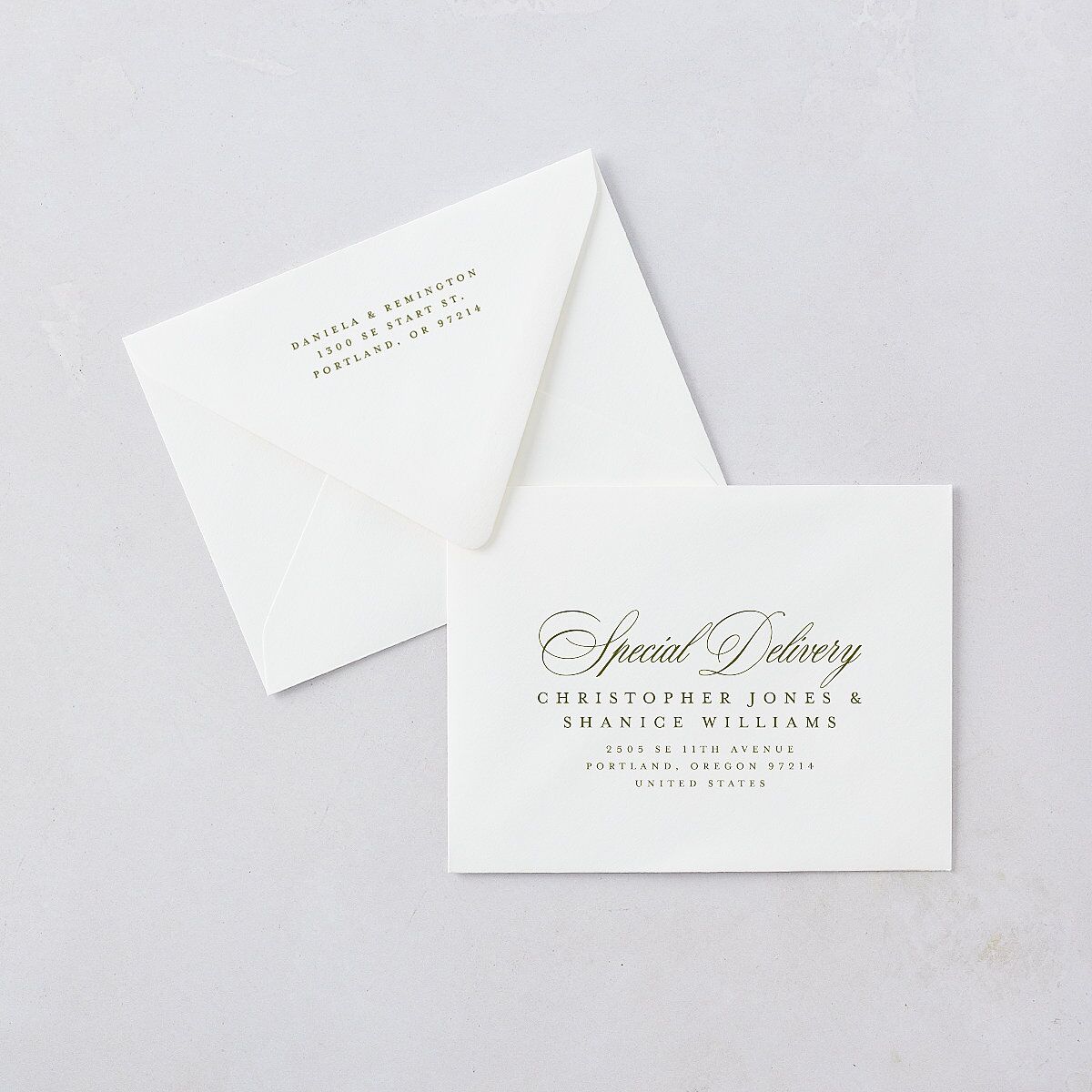 Modern Classic Picture Landscape Save the Date Magnet Euro Envelopes White Olive Both Recipient and Return Addresses Luxe Signature