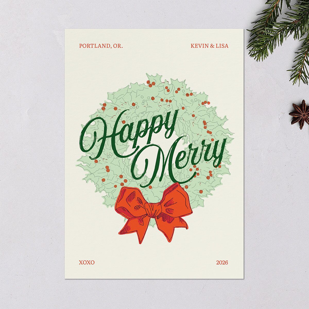 Vintage Holiday Wreath Holiday Cards Hunter Green Signature Blank Standard