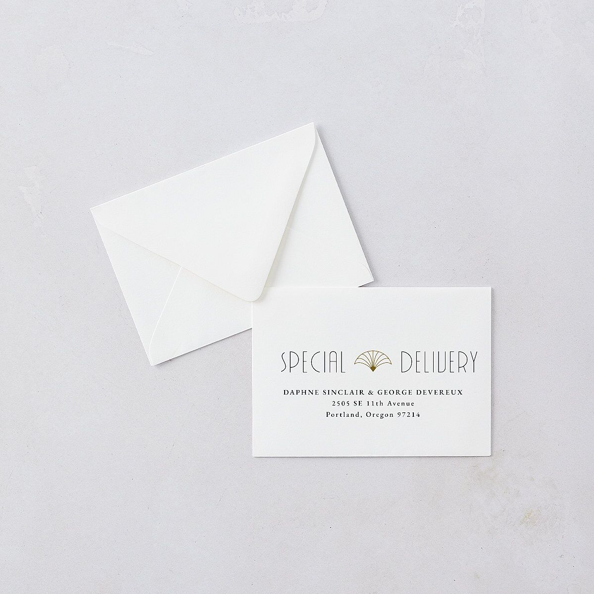 Gatsby Deco Arch Response Card Euro Envelopes White Dark Emerald Return Address Luxe