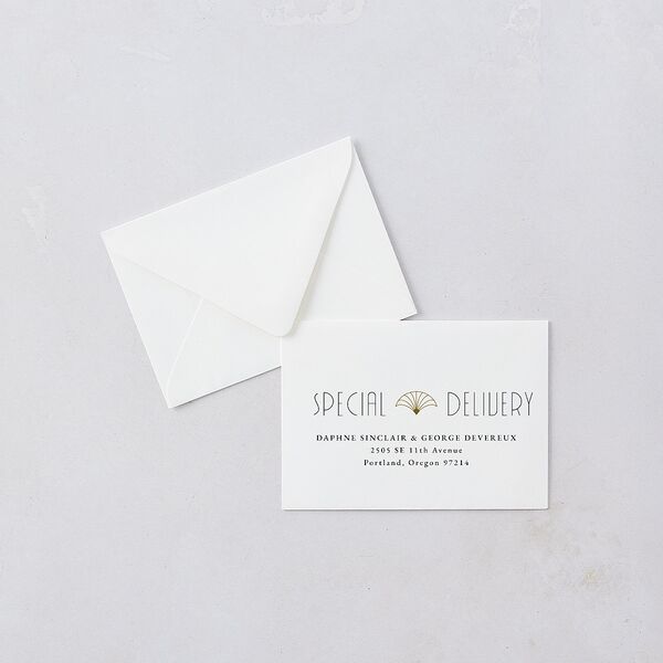 Gatsby Deco Arch Response Card Euro Envelopes White Dark Emerald Return Address Luxe