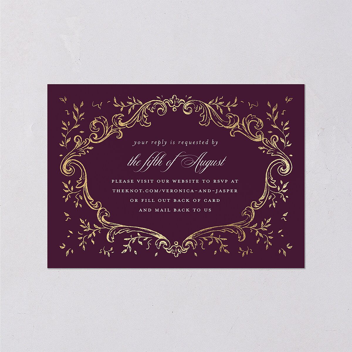 Formal Opulent Frame Wedding Response Cards Bordeaux Gold Signature