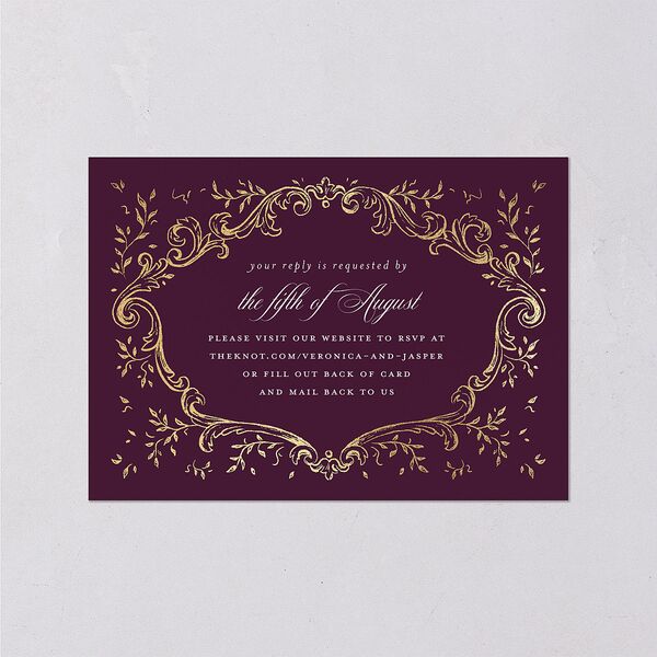 Formal Opulent Frame Wedding Response Cards Bordeaux Gold Signature