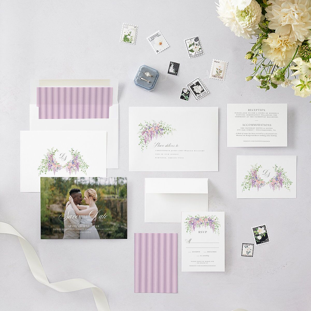 Formal Wisteria Garden Crest Save the Date Cards by Bridgerton — view 6