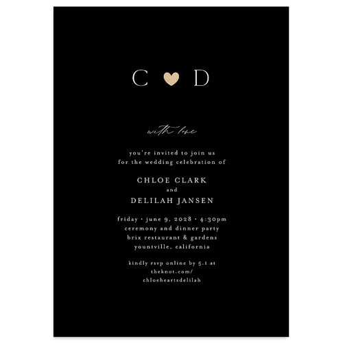 Dainty Heart Foil Wedding Invitations Midnight Gold No Signature Blank Standard