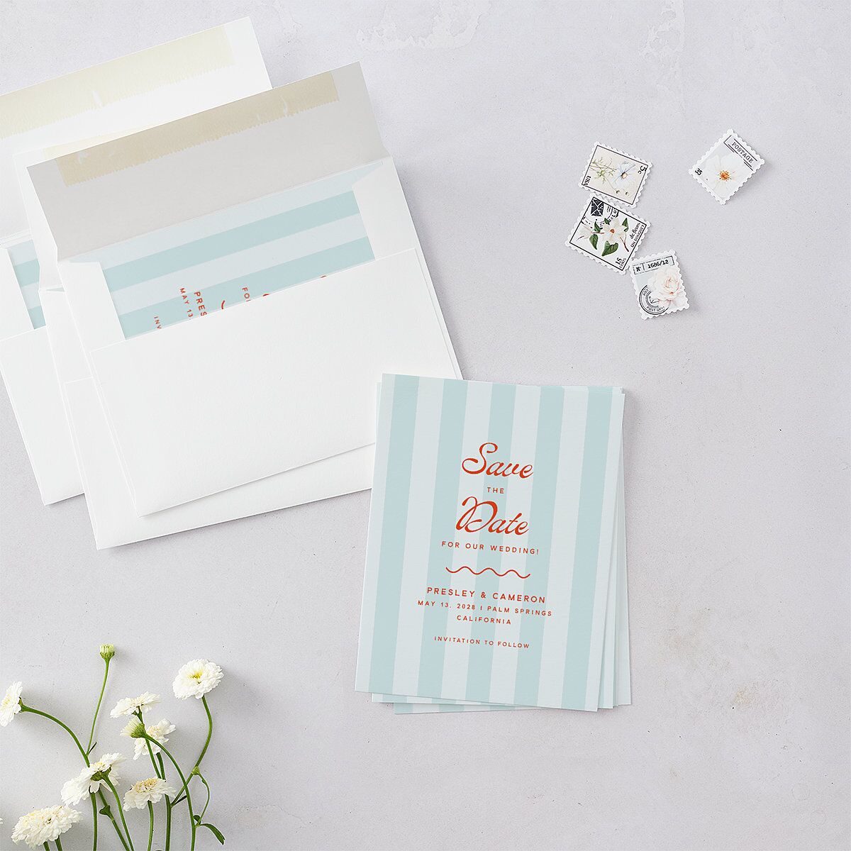 Cabana Stripes Save the Date Petite Cards Pastel Blue Signature smooth Blank Standard