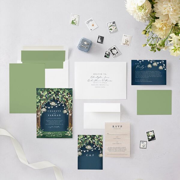 Illuminated Trees Wedding Invitations Moody Blue Signature Blank No Standard