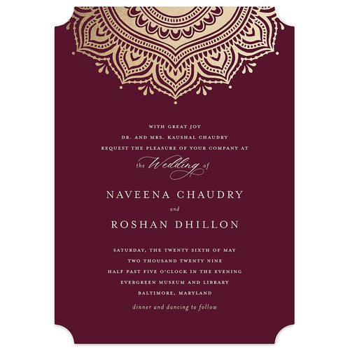 Indian Gilded Adornment Wedding Invitations Gold Burgundy Signature Blank No Ticket