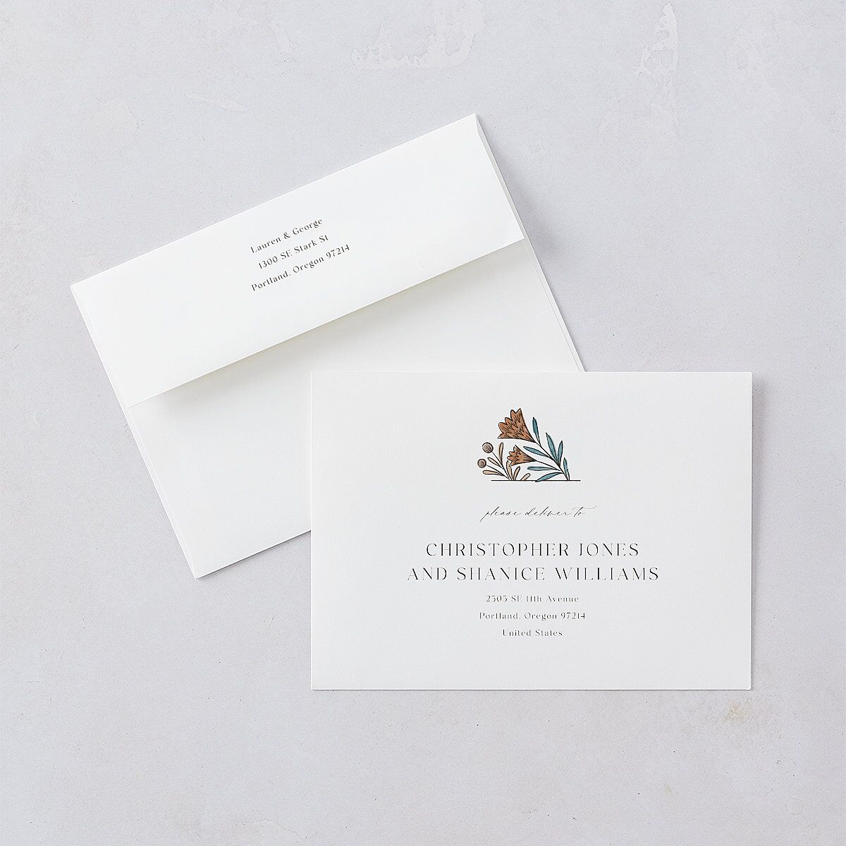 Timeless Wildflowers Rehearsal Dinner Invitation Envelopes White Terracotta Both Recipient and Return Addresses Signature Standard