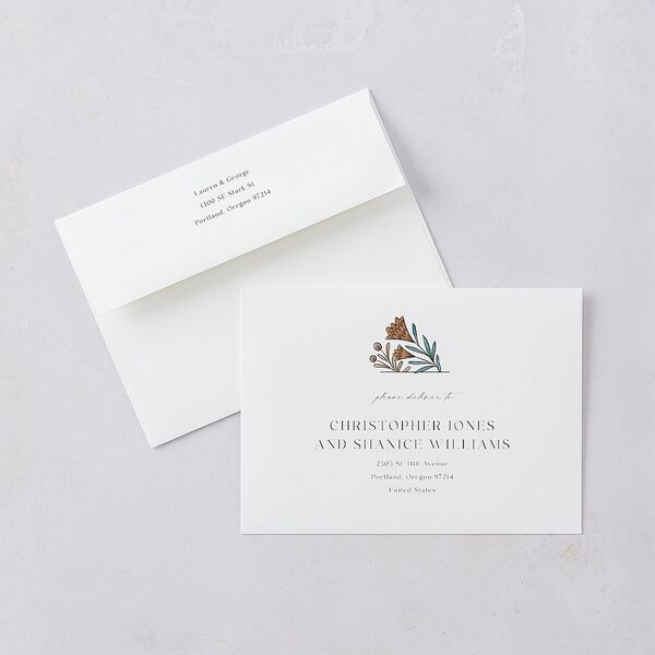 Timeless Wildflowers Rehearsal Dinner Invitation Envelopes White Terracotta Both Recipient and Return Addresses Signature Standard