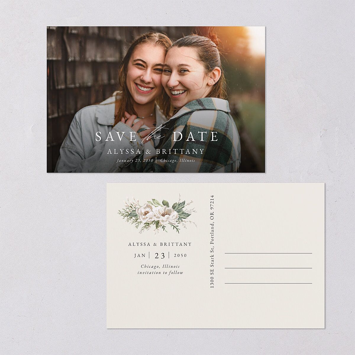 Greenery Laurel Save the Date Postcards Champagne