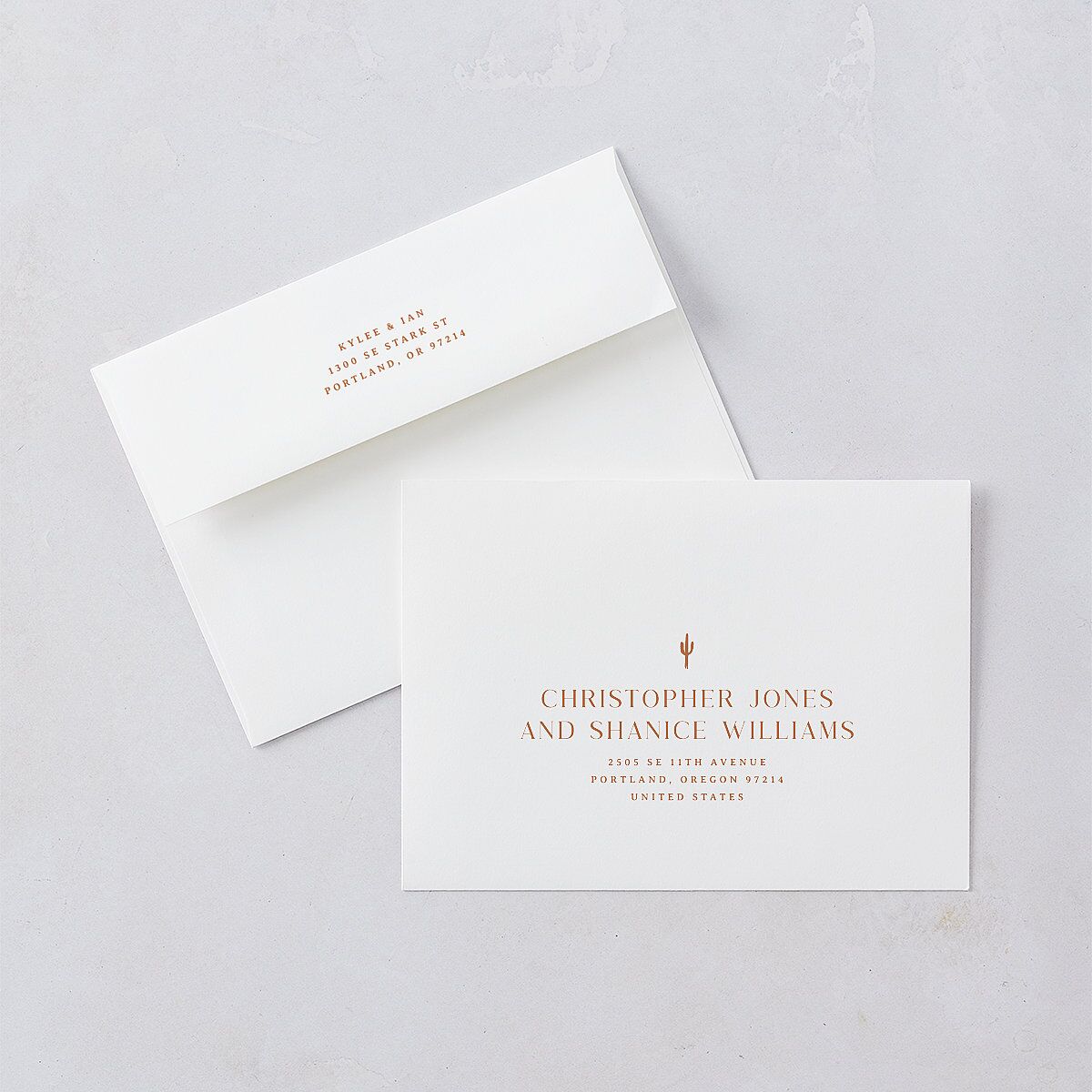 Western Desert Cactus Save The Date Card Envelopes Terracotta White Both Recipient and Return Addresses Signature Standard