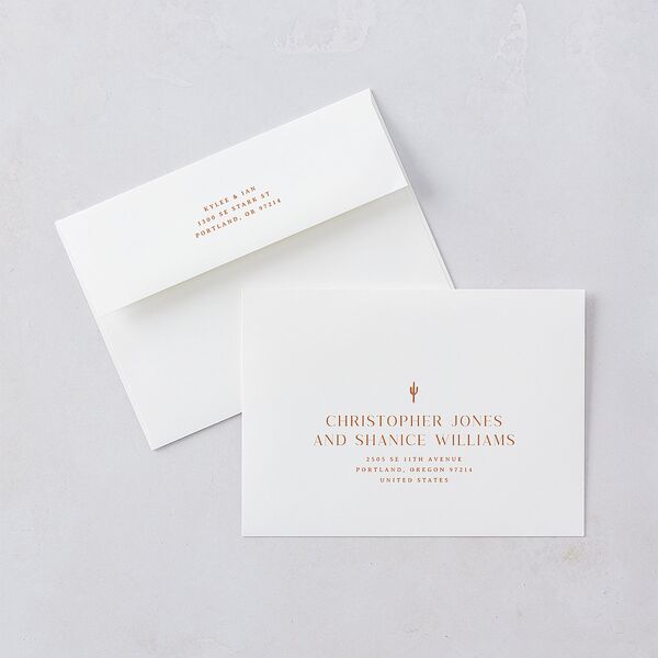 Western Desert Cactus Save The Date Card Envelopes Terracotta White Both Recipient and Return Addresses Signature Standard