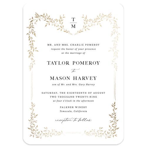 Monogram Garland Foil Wedding Invitations Pure White Gold Signature Blank Rounded No