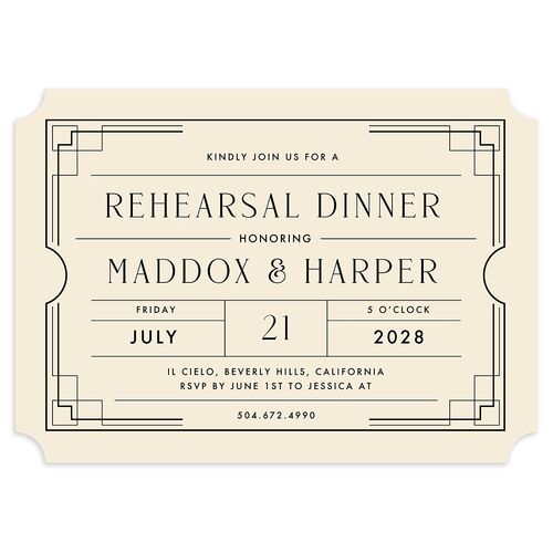 Vintage Hollywood Rehearsal Dinner Invitations Linen Signature Blank Ticket