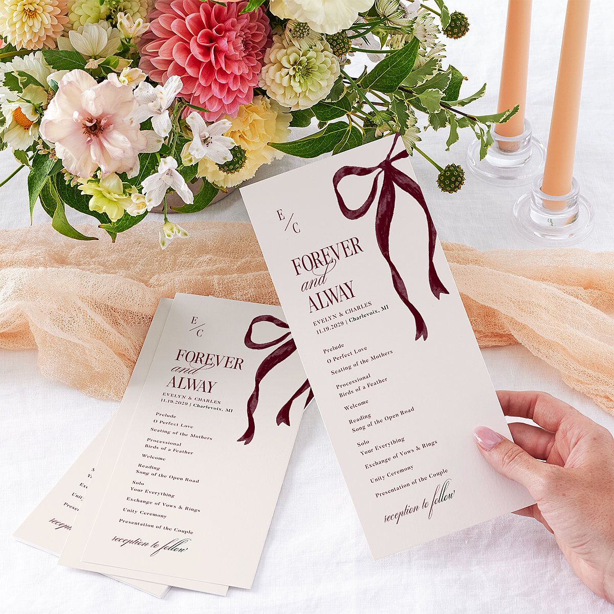 Whimsical Hand Drawn Bow Wedding Programs Burgundy Signature