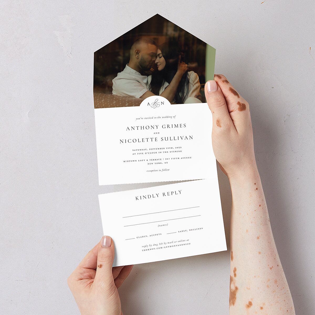 Elegant Photo Monogram All-in-One Wedding Invitations Pure White Signature Light Both Recipient and Return Addresses No