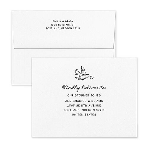 Vintage Lovebird Banner Save the Date Petite Card Envelopes White Linen Both Recipient and Return Addresses Signature Standard