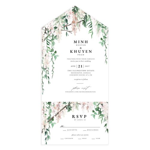 Romantic Wisteria All-in-One Wedding Invitations Pink Cotton Signature Light Both Recipient and Return Addresses No