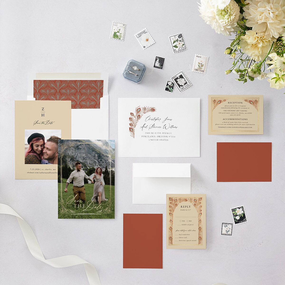 Peacock Nouveau Save The Date Cards Gold Tan Signature smooth Blank No Standard
