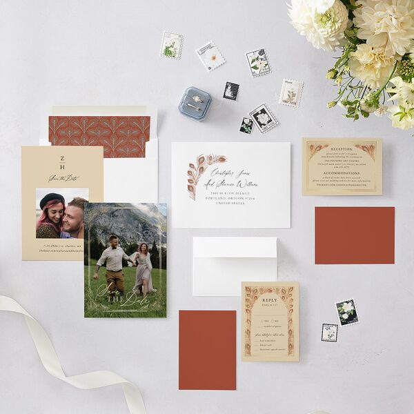 Peacock Nouveau Save The Date Cards Gold Tan Signature smooth Blank No Standard