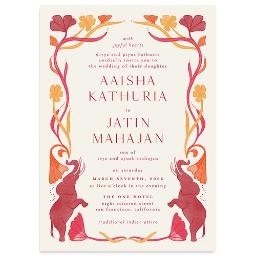 Indian Majestic Legacy Elephants Wedding Invitations Ruby Triple thick Blank No Standard